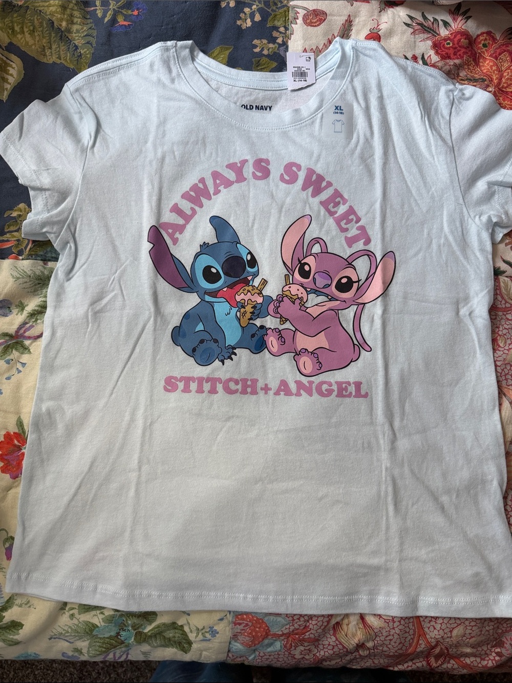 Old Navy Light Blue Stitch & Angel Graphic Tee with Pink Accents